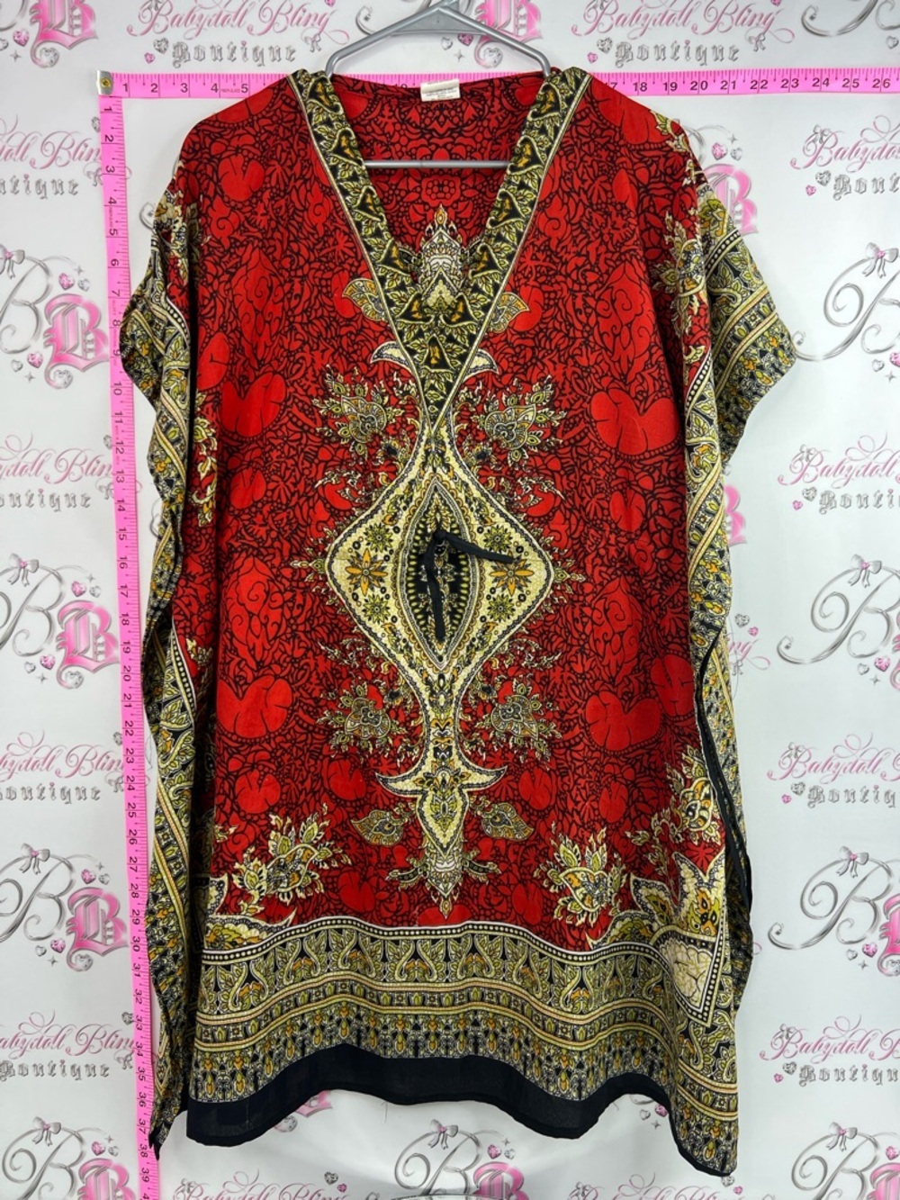 Asha coverup dress tie waist Bohemian Red Paisley V-Neck Women's Tunic Top